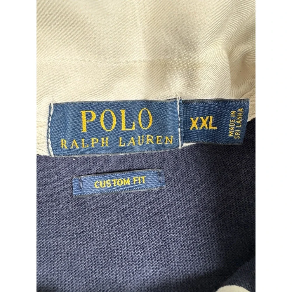 Polo Ralph Lauren Rugby Shirt Mens XXL Navy Chenille P 67 Patch Green Stripe LS